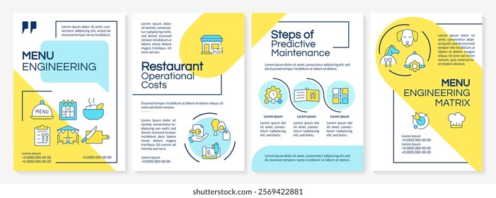 Menu engineering blue and yellow brochure template. Restaurant customers service. Kitchen workflow. Leaflet design with linear icons. Editable 4 vector layouts