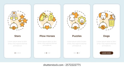 Menu engineering matrix onboarding mobile app screen. Walkthrough 4 steps editable graphic instructions with linear concepts. UI, UX, GUI template