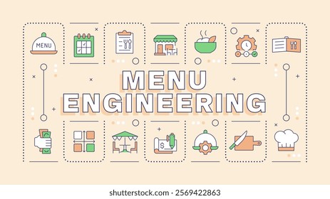 Menu engineering pale yellow word concept. Maximizing dishes profitability and popularity. Typography banner. Vector illustration with title text, editable icons color