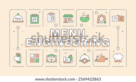 Menu engineering pale yellow word concept. Maximizing dishes profitability and popularity. Typography banner. Vector illustration with title text, editable icons color