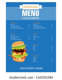 Menu fast food cafe Hamburger, french fries, cola icons background