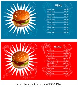 Menu fast food cafe Hamburger, french fries, cola icons background