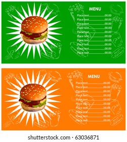 Menu fast food cafe Hamburger, french fries, cola icons background
