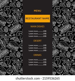 Menu fast food cafe restaurant design template. Flyer with hand-drawn graphic with junk food illustration on background
