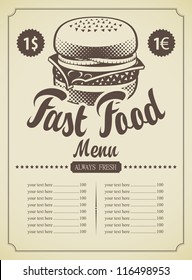 menu for fast food cheeseburger with