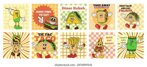 Menu fast food. Pizza and burger cartoon characters. Funky groovy sticker. Takeaway fries potato. Happy hamburger. Walking taco retro mascot. Doodle vintage style. Breakfast emoji. Vector cards set