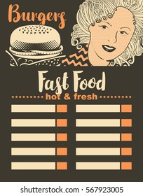 menu for fast food restaurant with girl and burger in retro style