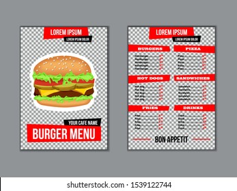 Menu for fast food restaurant with transparent background. template for brochure with burger on a transparent background. Vector illustration eps10