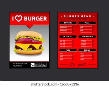 Menu for fast food restaurant with transparent background. template for brochure with burger on a transparent background