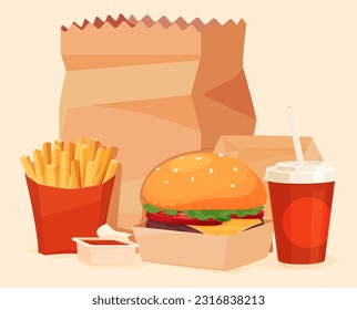 Menu in fast food. Street food. Fast and tasty food preparation in mass cafes and restaurants. Vector illustration