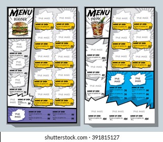 Menu for fast food in the style of comics. Vector Image burger and cola.