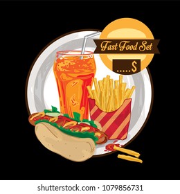 menu fastfood design graphic set hot dog French fries soft drink 