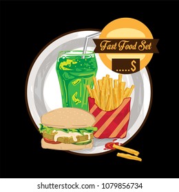 menu fastfood design graphic set hamburger French fries soft drink 