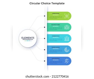 Menu with five rounded elements, tags, bookmarks. Concept of list of 5 business options to select. Modern flat simple vector illustration for data analysis information visualization, project report.