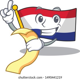 With menu flag netherlands fluttered on cartoon pole