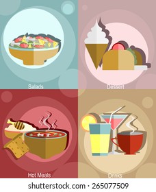Menu in flat design. Set of food menu icons hot meals, dessert, salads and drinks