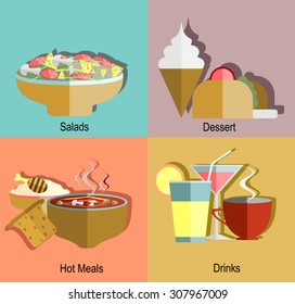 Menu in flat design. Set of food menu icons hot meals, dessert, salads and drinks
