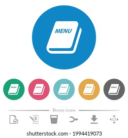Menú iconos blancos planos en fondos de color redondo. 6 iconos de bonificación incluidos.