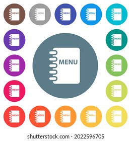Menú iconos blancos planos en fondos de color redondo. Se incluyen 17 variaciones de color de fondo.