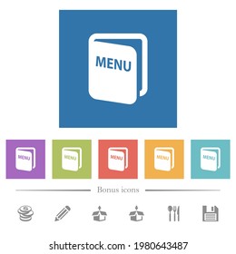 Menu flat white icons in square backgrounds. 6 bonus icons included.