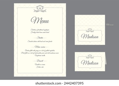 Menu and folding table card with names. Elegant template set. Vector illustration.