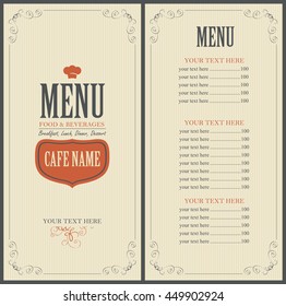 Menu Food and beverage for the restaurant in retro style with toque