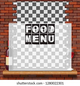 Menu food and drink, template for a restaurant menu with a brick wall and a translucent frame with text.
