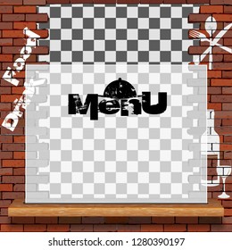 Menu food and drink, template for a restaurant menu with a brick wall and a translucent frame with text.