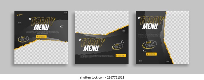 Menu food Editable minimal square banner template with geometric shapes for social media post, story and web internet ads. Vector illustration