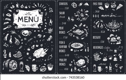 Menu - food icons white chalk on blackboard. Hand drawn Isolated vector sketches - meat dishes, barbecue, poultry, fish & seafood, fast food, beverages & dessert