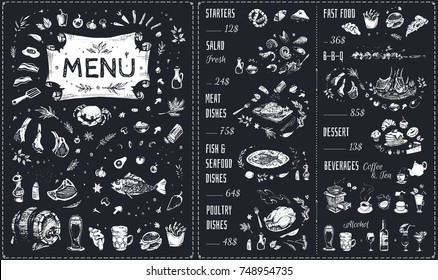 Menu - food icons white chalk on blackboard. Hand drawn Isolated vector sketches - meat dishes, barbecue, poultry, fast food, fish & seafood, beverages & dessert