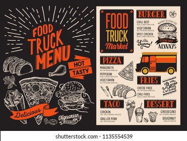 Menú para el festival callejero de los coches de comida. Plantilla de diseño con ilustraciones gráficas dibujadas a mano.