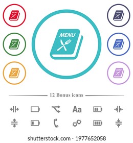Menu with fork and knife flat color icons in circle shape outlines. 12 bonus icons included.