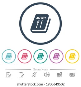 Menu with fork and knife flat color icons in round outlines. 6 bonus icons included.
