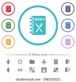 Menu with fork and knife flat color icons in circle shape outlines. 12 bonus icons included.