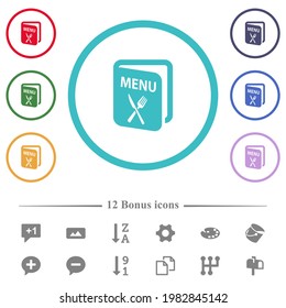Menu with fork and knife flat color icons in circle shape outlines. 12 bonus icons included.