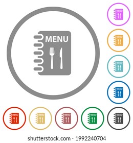 Menú con iconos de color plano de bifurcación y cuchillo en contornos redondos sobre fondo blanco
