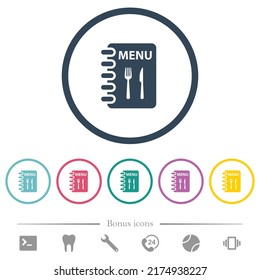 Menu with fork and knife flat color icons in round outlines. 6 bonus icons included.
