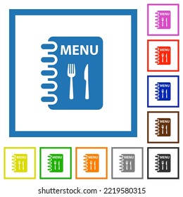 Menu with fork and knife flat color icons in square frames on white background