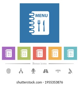 Menu with fork and knife flat white icons in square backgrounds. 6 bonus icons included.