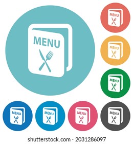 Menu with fork and knife flat white icons on round color backgrounds
