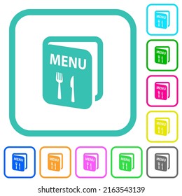 Menu with fork and knife vivid colored flat icons in curved borders on white background