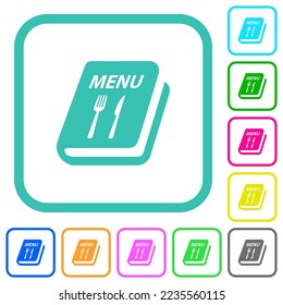 Menu with fork and knife vivid colored flat icons in curved borders on white background