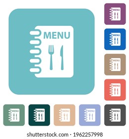 Menu with fork and knife white flat icons on color rounded square backgrounds