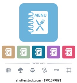 Menu with fork and knife white flat icons on color rounded square backgrounds. 6 bonus icons included