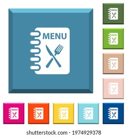 Menu with fork and knife white icons on edged square buttons in various trendy colors