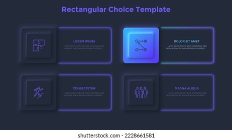 Menü mit vier rechteckigen Elementen, die im Dunkeln leuchten. Konzept von 4 Geschäftsoptionen zu wählen. Realistische dunkle Infografik-Design-Vorlage. Moderne Vektorgrafik für Informationsvisualisierung.