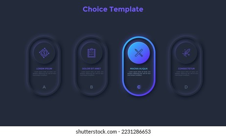 Menu with four rounded elements or buttons placed in horizontal row. Concept of 4 options of business project to select. Dark neon infographic design template. Modern vector illustration for report. svg