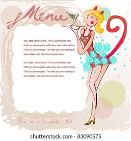 menu frame with pretty waitress girl in a cat costume