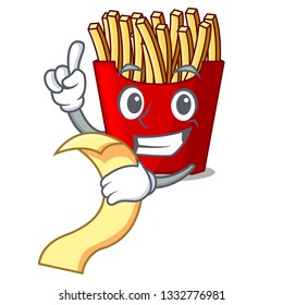 With menu french fries wrapped in cartoon shapes